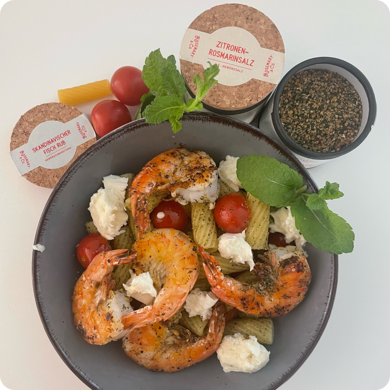 Nudelsalat mit Minzpesto und Garnelen Rosemary & Co. Gewürze