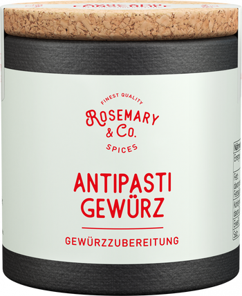Dose mit weißem Etikett, Aufschrift Antipasti Gewürze von Rosemary & Co. Gewürze, Korkdeckelall4