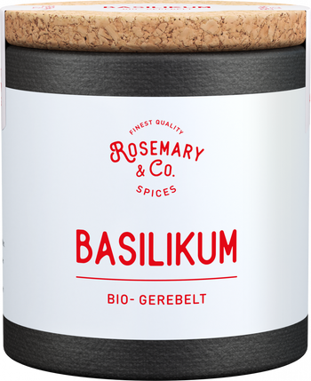 Dose mit weißem Etikett Bio Basilikum von Rosemary & Co. Gewürze, Korkdeckelall14