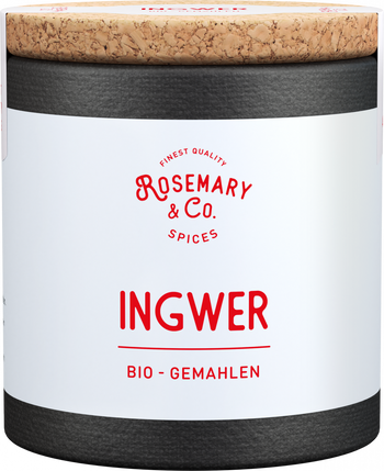 Schwarze und weiße Dose mit Korkdeckel, Aufschrift Rosemary & Co. Gewürze Bio Ingwer in roter Schriftall8