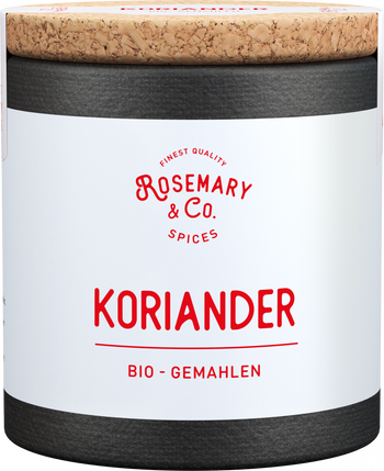Dose Bio Koriander von Rosemary & Co Gewürze mit Korkdeckel und weißem Etikettall2