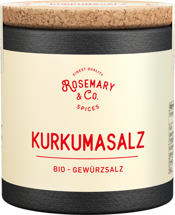 Dose Rosemary & Co. Bio Kurkuma Salz mit Korkdeckel und rotem Text auf cremefarbenem Etikettall6