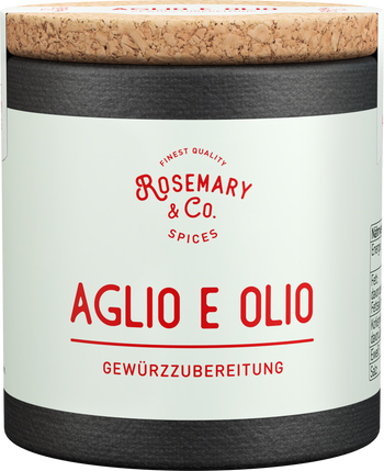 Runde Dose Rosemary & Co. Gewürze Aglio e Olio mit Etikett und Korkdeckelall4