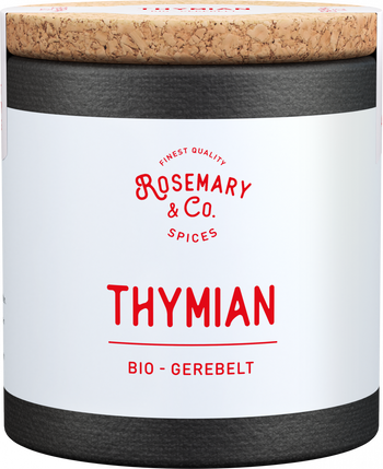 Schwarze Dose mit Korkdeckel, Beschriftung Rosemary & Co. Gewürze Bio Thymian in roter Schriftall3