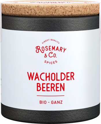 Dose mit Korkdeckel, Aufschrift Bio Wacholderbeeren, Marke Rosemary & Co Gewürzeall10