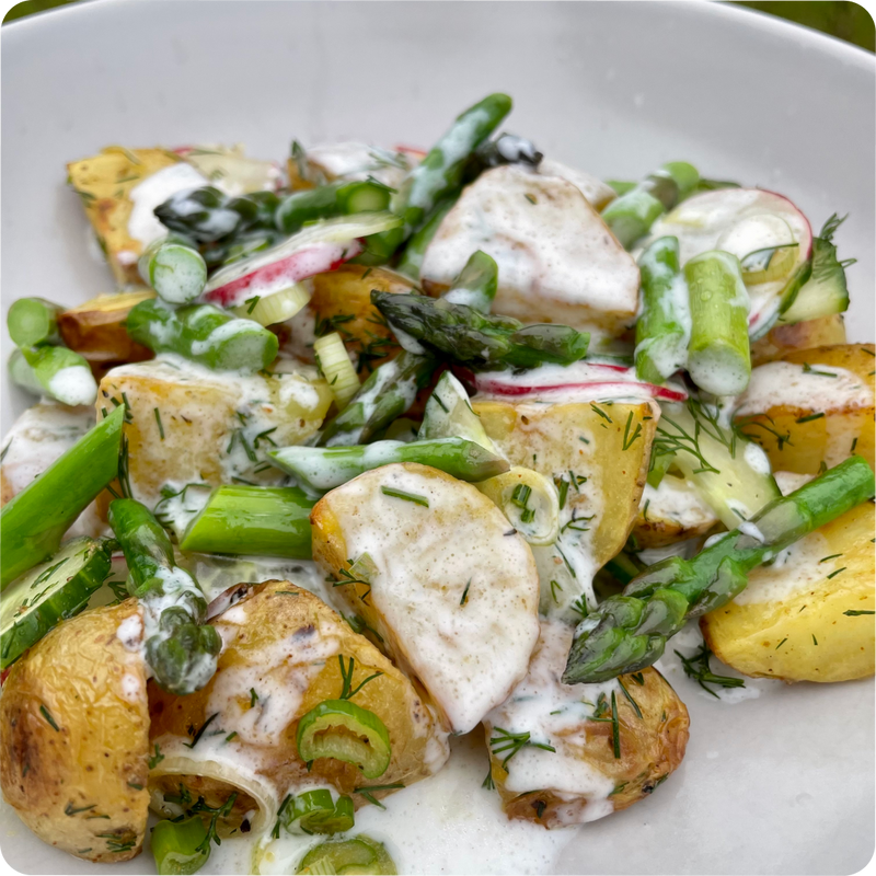 Kartoffelsalat mit grünen Spargelstücken, Radieschen und cremigem Dressing, garniert mit Dill in einer weißen Schale.