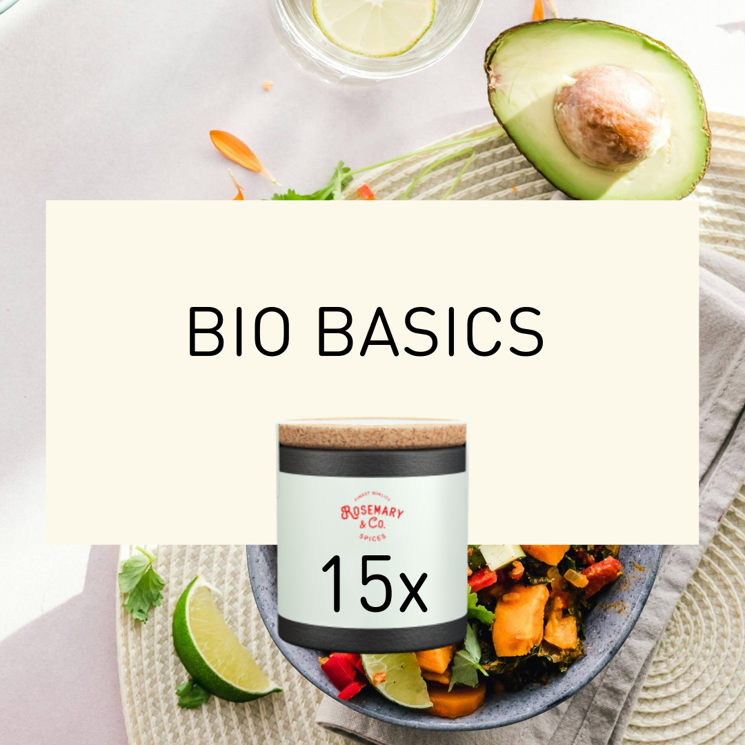 Dose Bio Basics von Rosemary & Co. Gewürze für Essen, Avocado, Limette und Text BIO BASICS