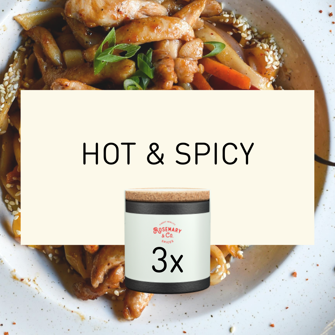 Hähnchenpfanne mit Gemüse und Sesam, Dose „🌶️Hot & Spicy“ von Rosemary & Co. Gewürze, offene Dose mit Gewürzen