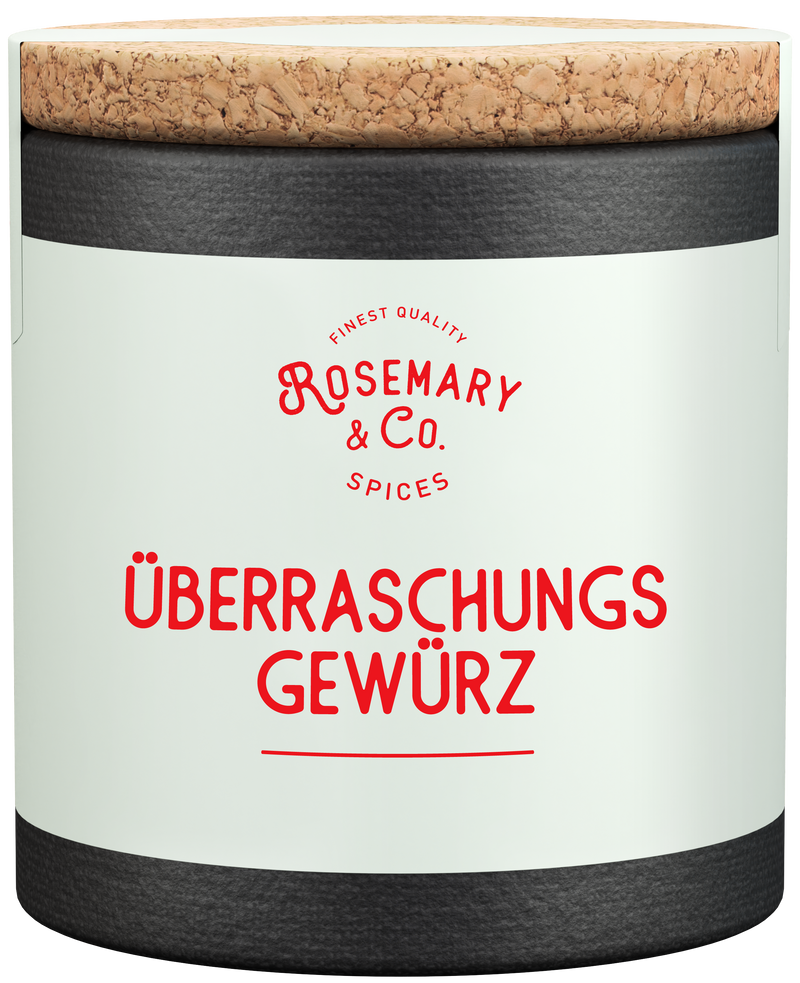 Dose Überraschungs Gewürze von Rosemary & Co mit Korkdeckel und weißem Etikett