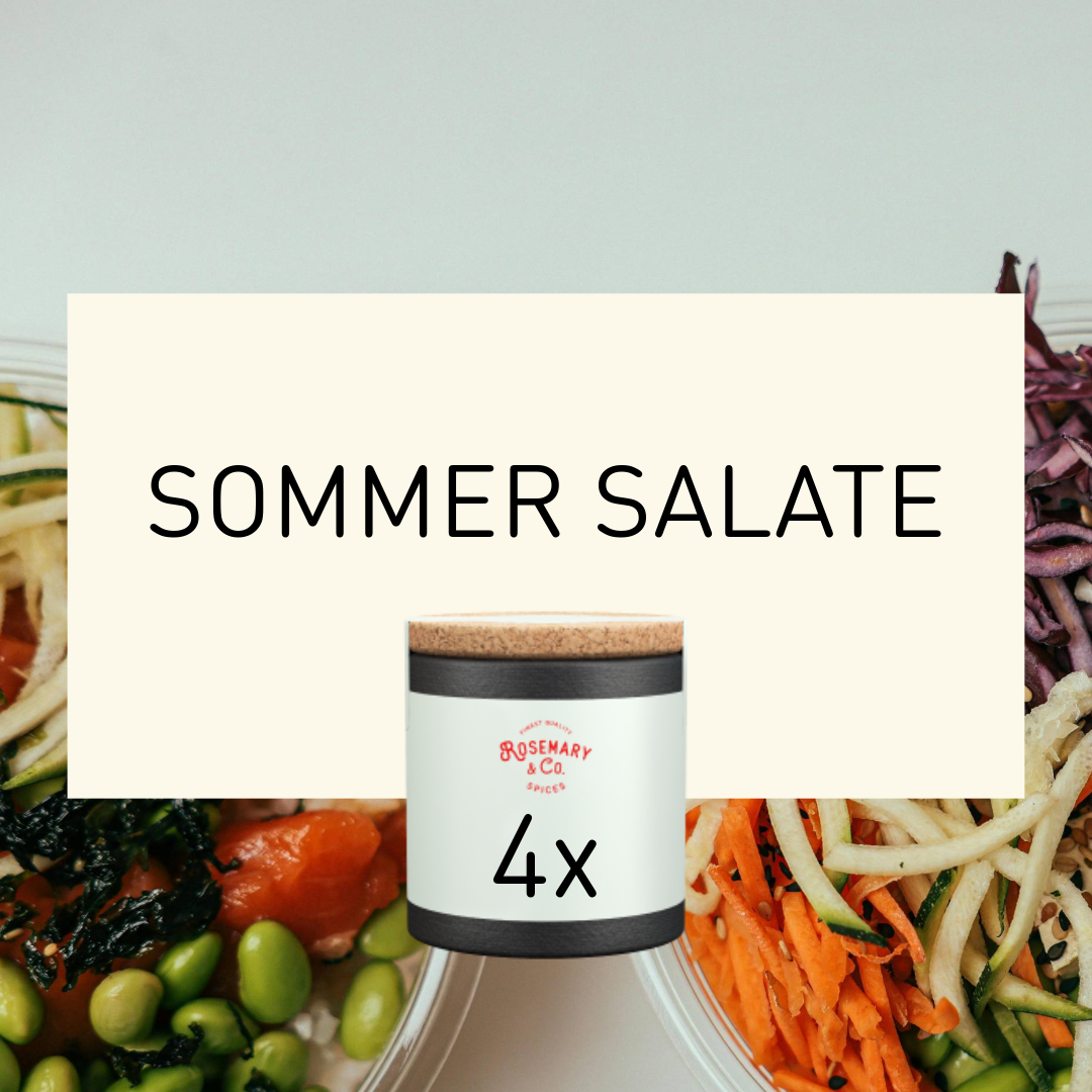 Vier Dosen Rosemary & Co. Gewürze Sommer Salate über frische Salate, Text SOMMER SALATE