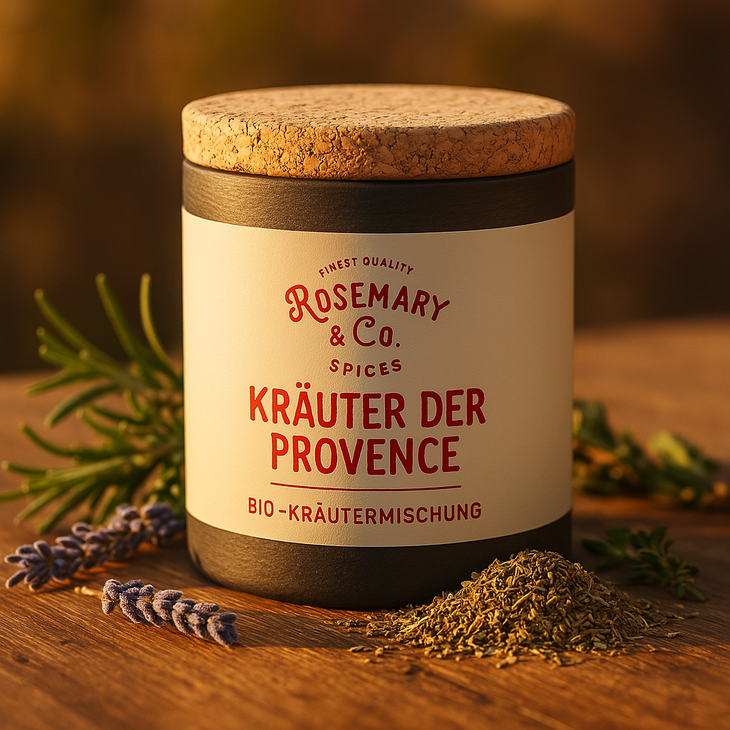 Dosis Rosmarin & Co. Gewürze Kräuter der Provence Bio auf Holz mit getrockneten Kräutern, Rosmarin und Lavendel
