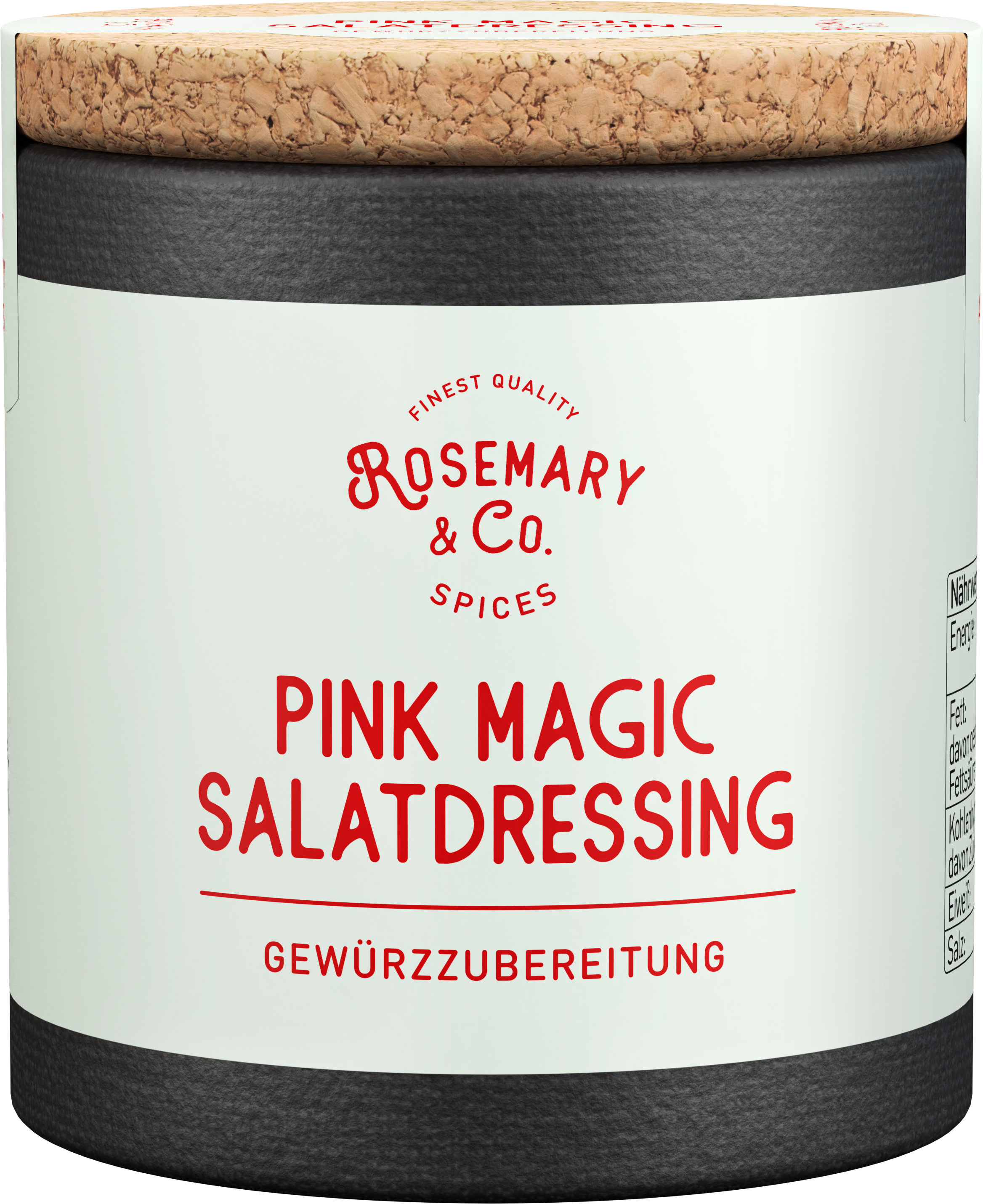 Dose Rosemary & Co. Pink Magic Salatdressing mit Korkdeckel, weiß-schwarze Verpackung