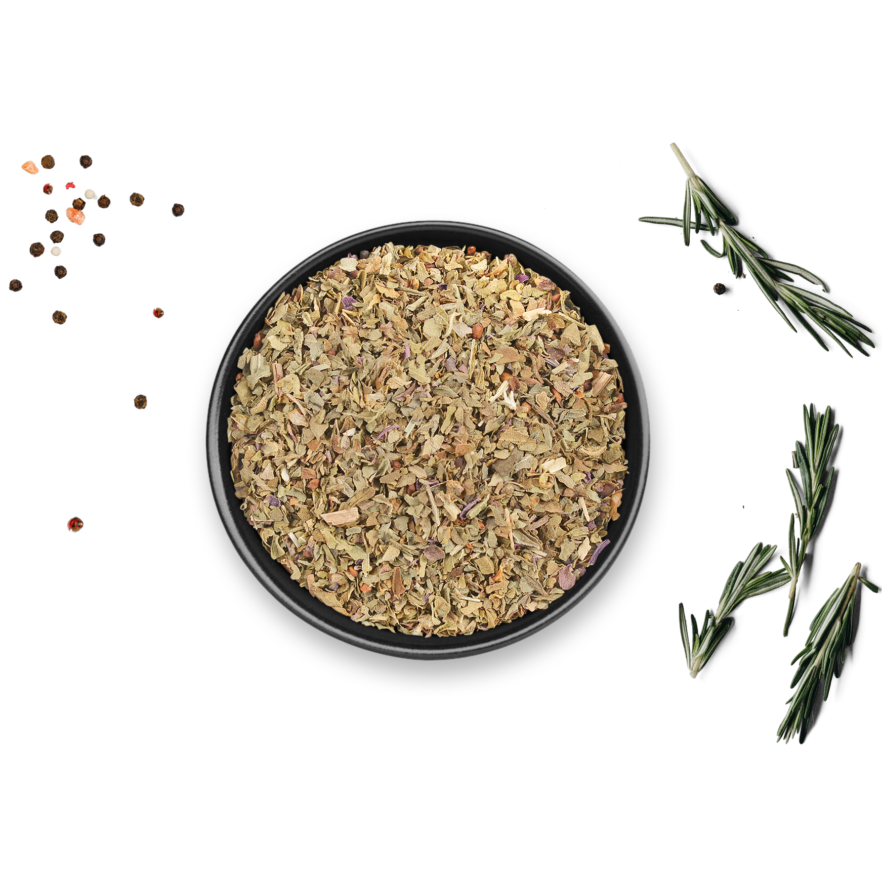 Schwarze Schale mit Dose Bio Basilikum von Rosemary & Co, daneben Rosmarinzweige und verstreute Pfefferkörner