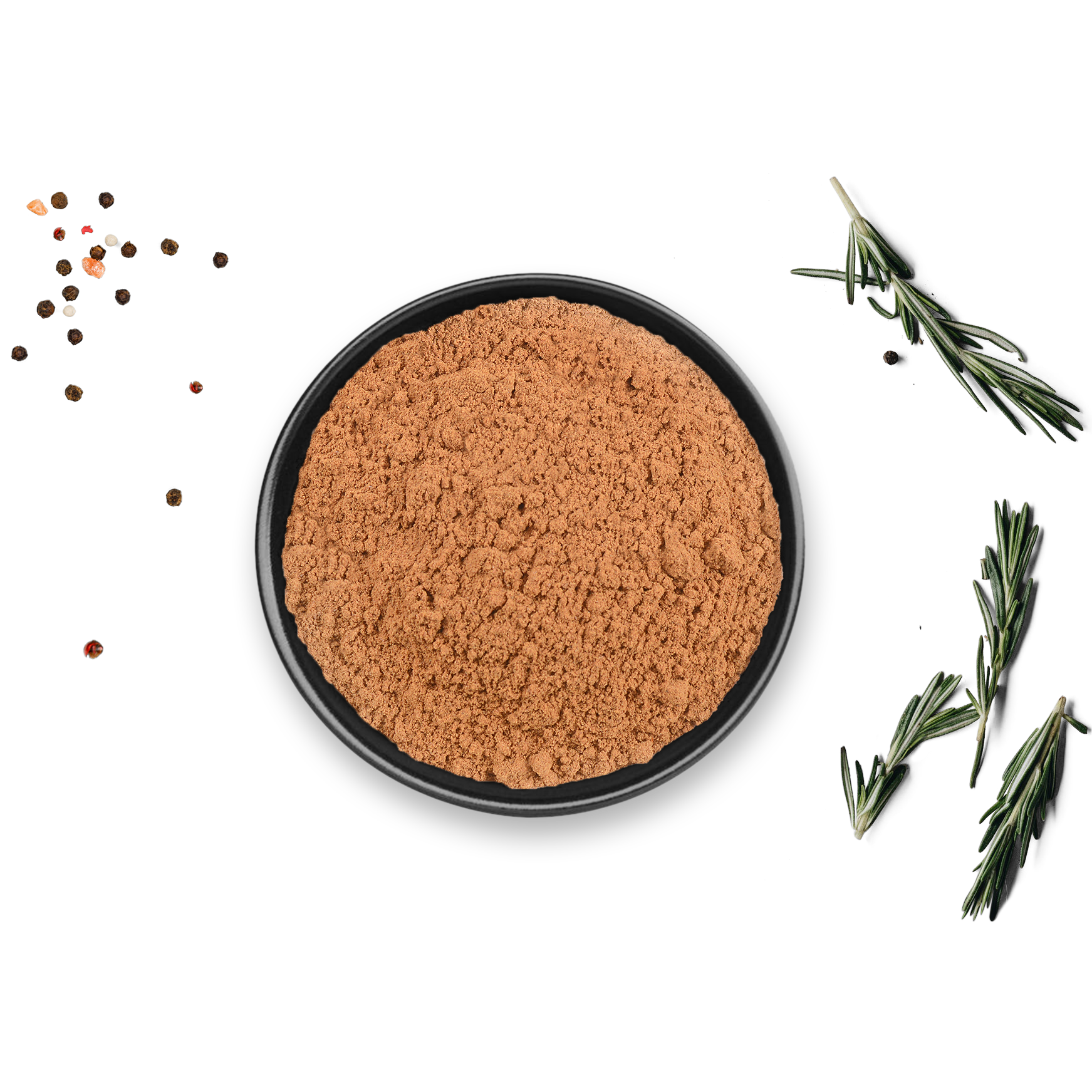 Schwarze Schale mit Bio Cassia Zimt Dose von Rosemary & Co Gewürze, Rosmarinzweige, verstreute Pfefferkörner