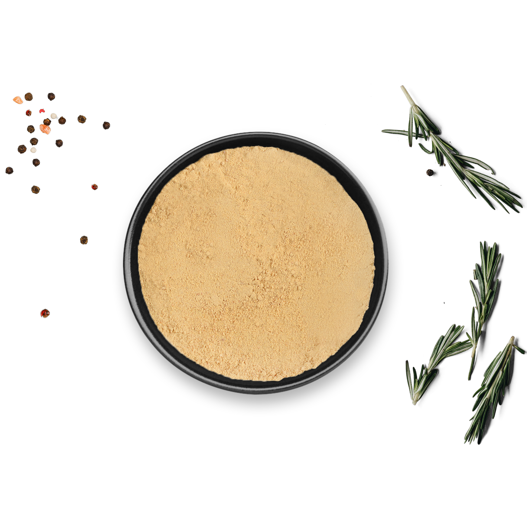 Schwarze Dose Bio Ingwer von Rosemary & Co, daneben Rosmarinzweige und Pfefferkörner auf weißem Hintergrund