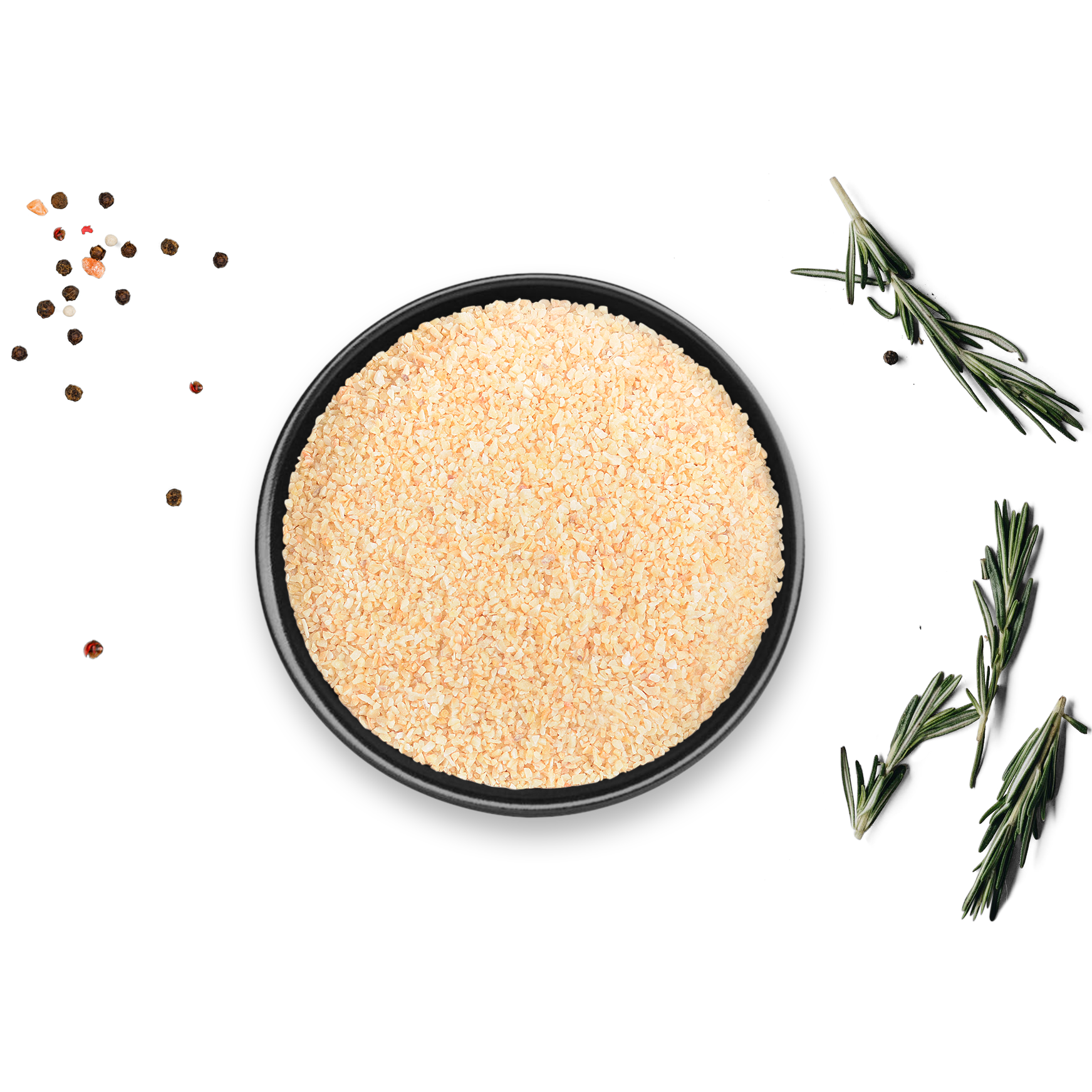 Dose Bio Knoblauch von Rosemary & Co Gewürze neben Pfefferkörnern und Rosmarinzweigen auf Schale