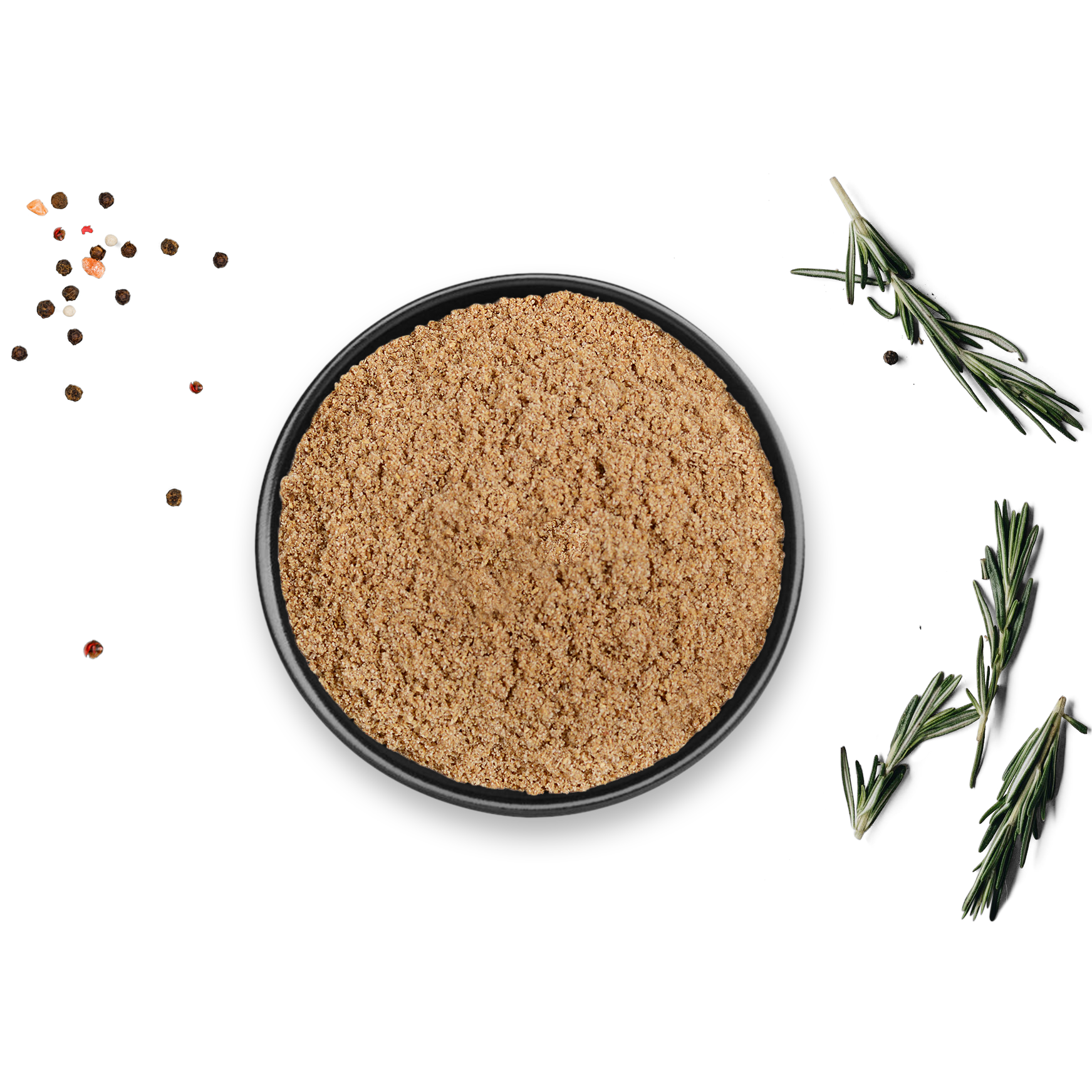 Dose Bio Koriander von Rosemary & Co, daneben Rosmarinzweige und bunte Pfefferkörner