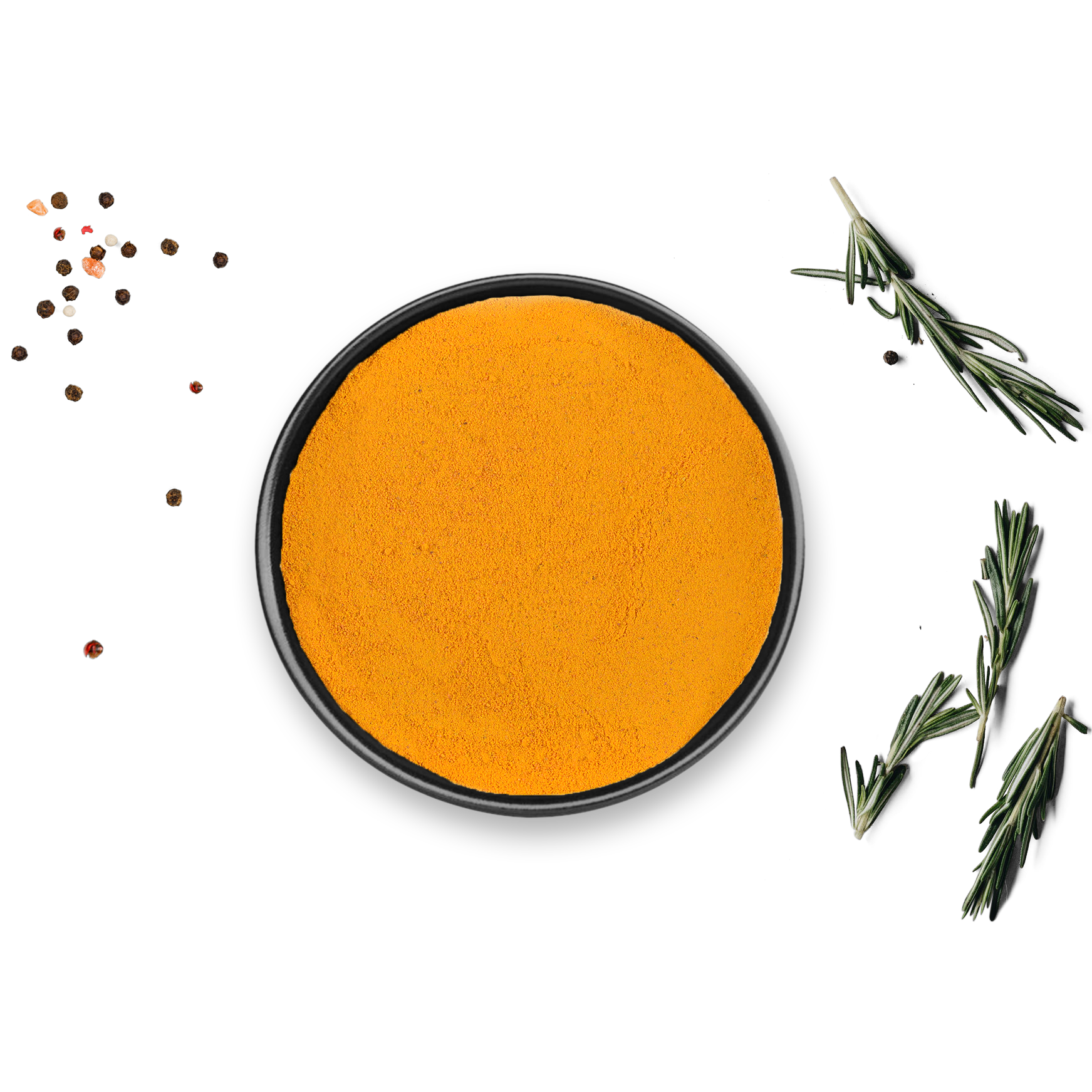 Schwarze Dose Bio Kurkuma von Rosemary & Co neben Pfefferkörnern und Rosmarin auf weißem Hintergrund