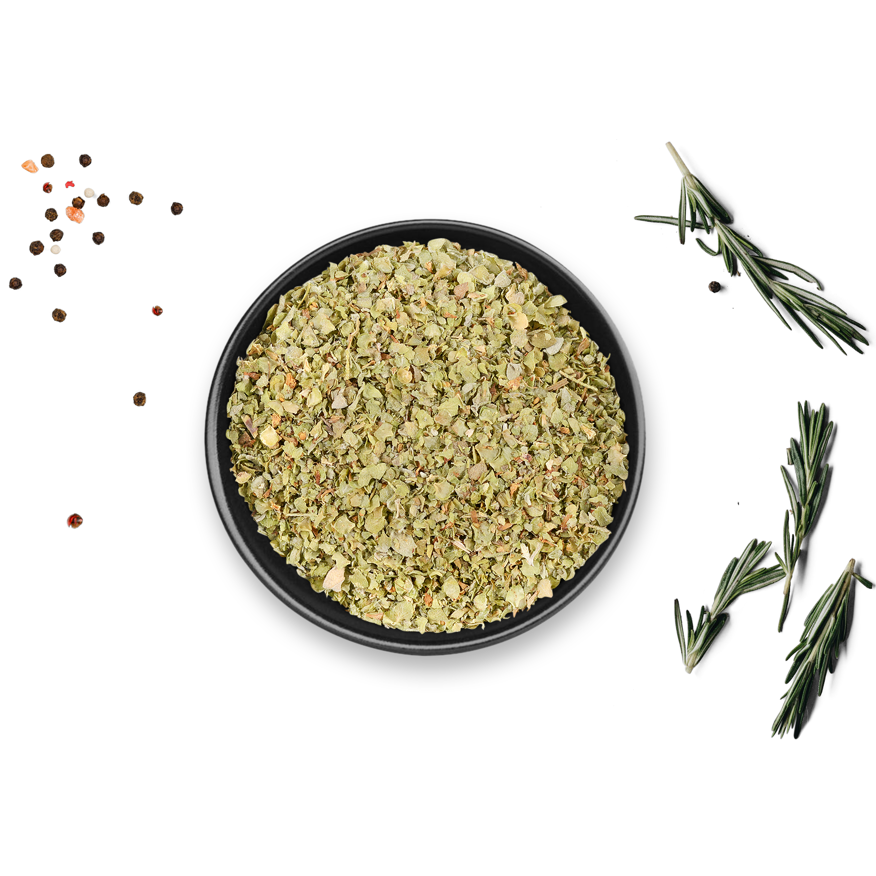 Schwarze Schale mit Rosemary & Co. Bio Majoran Dose, daneben Rosmarinzweige und Pfefferkörner auf weißem Hintergrund