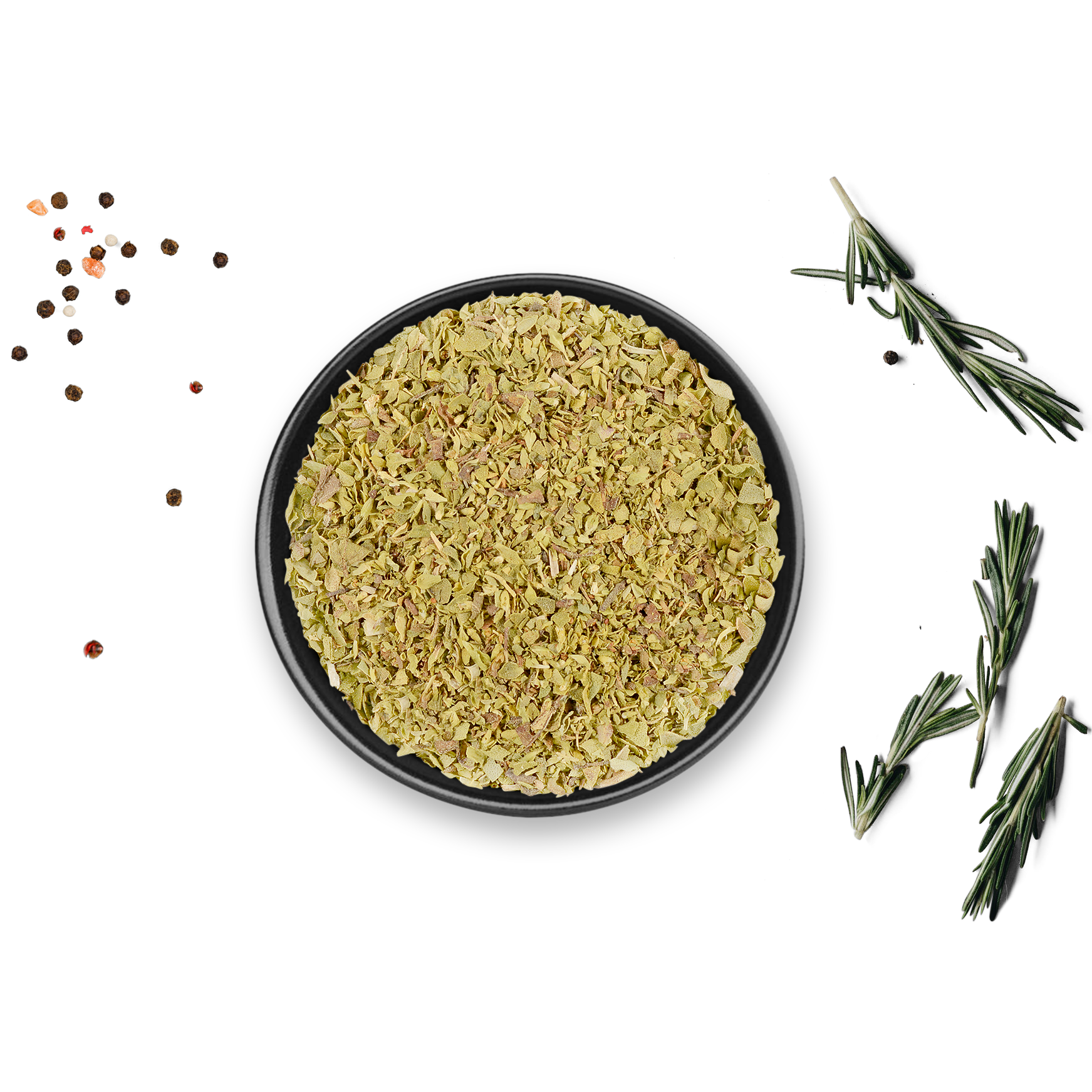 Dose Bio-Oregano von Rosemary & Co, schwarze Schale, Pfefferkörner und frischer Rosmarin daneben