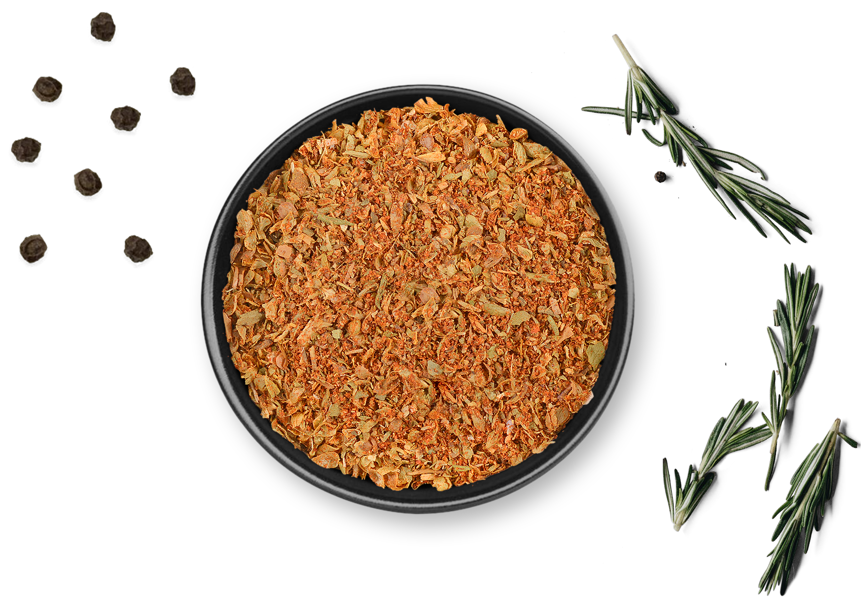 Schwarze Schale mit Dose Rosemary & Co. Gewürze Pizza Kräuter Bio, Pfefferkörnern, Rosmarin, Knoblauch auf weißem Untergrund