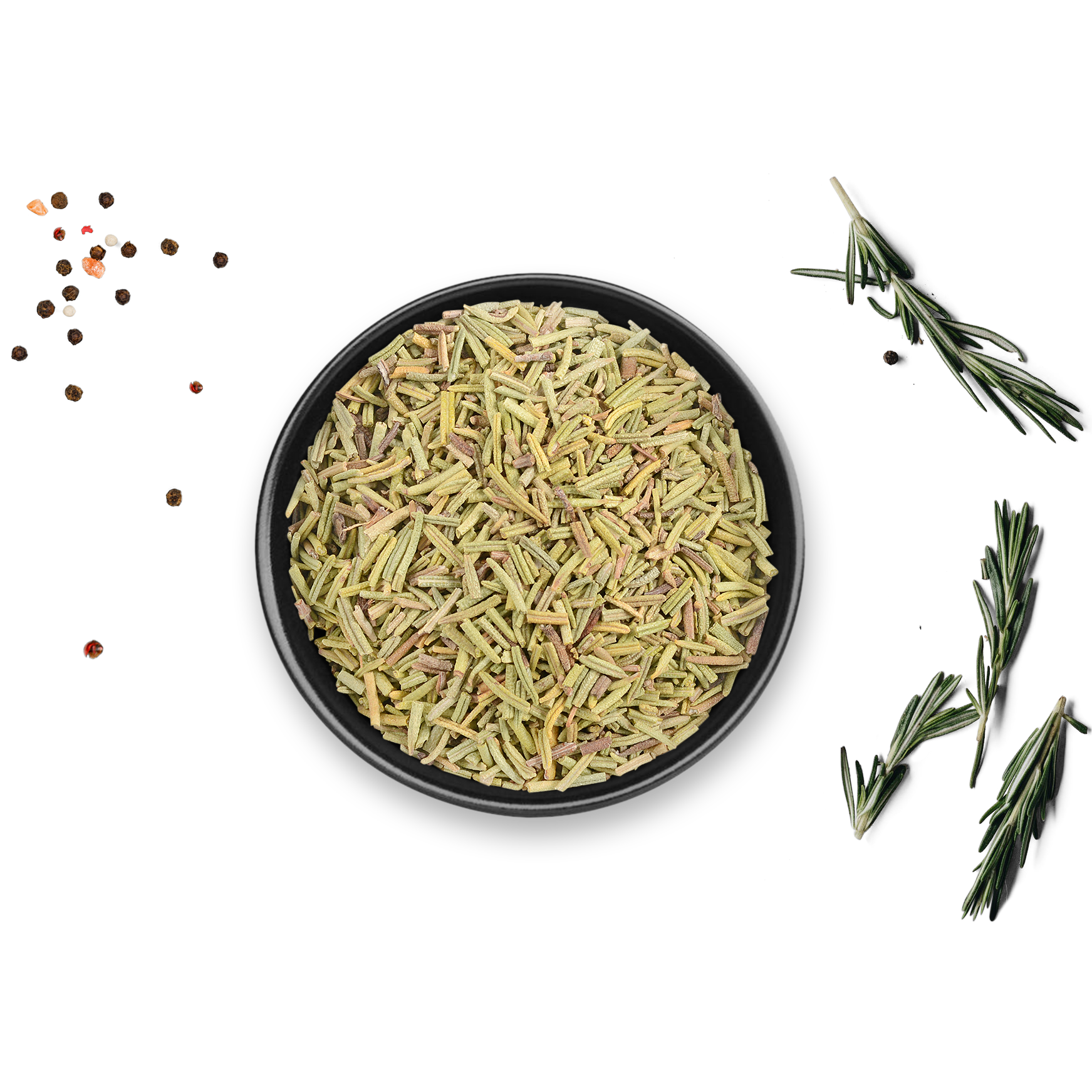 Schwarze Schale mit Dose Bio Rosmarin von Rosemary & Co, Rosmarinzweige, verstreute Pfefferkörner