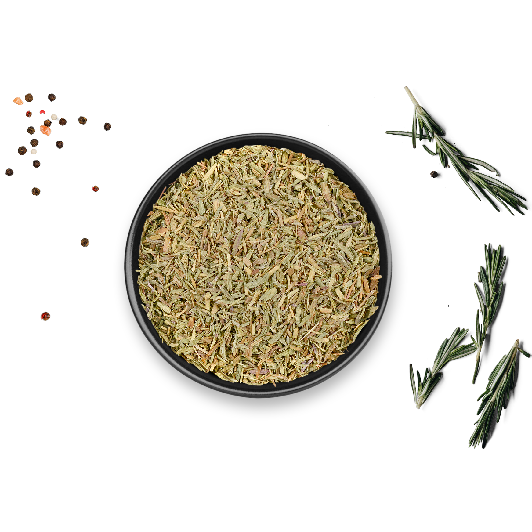Dose mit Bio Thymian von Rosemary & Co, schwarze Schale mit Pfefferkörnern und frischem Rosmarin auf weißem Hintergrund