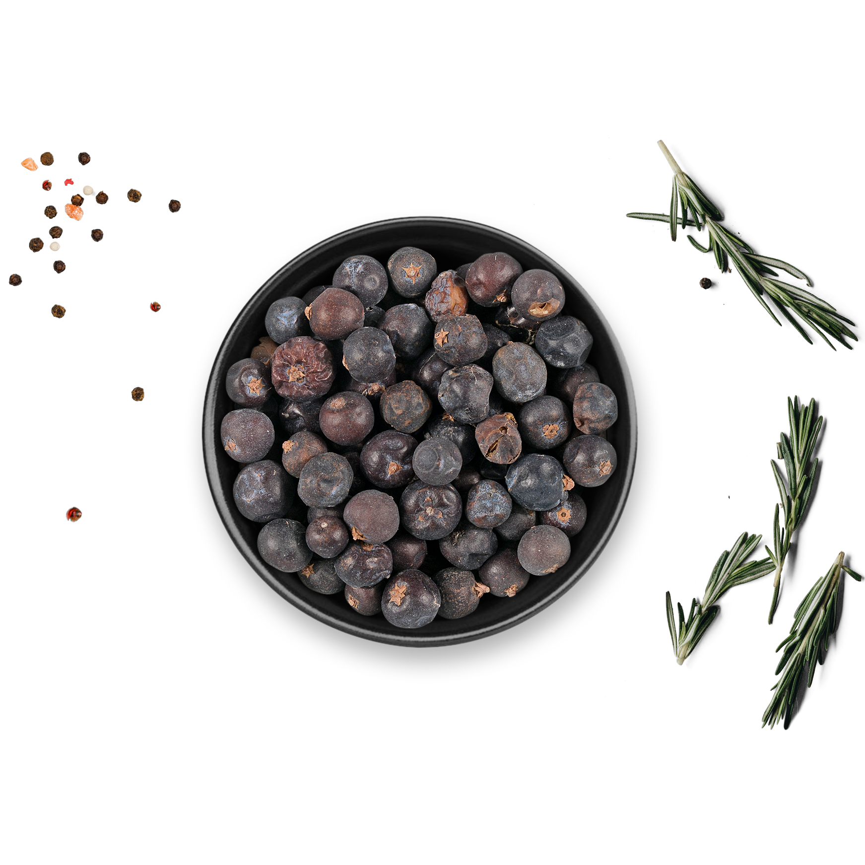 Dose Bio Wacholderbeeren von Rosemary & Co, Schale mit Beeren, Rosmarinzweige, Beeren auf weißem Hintergrund