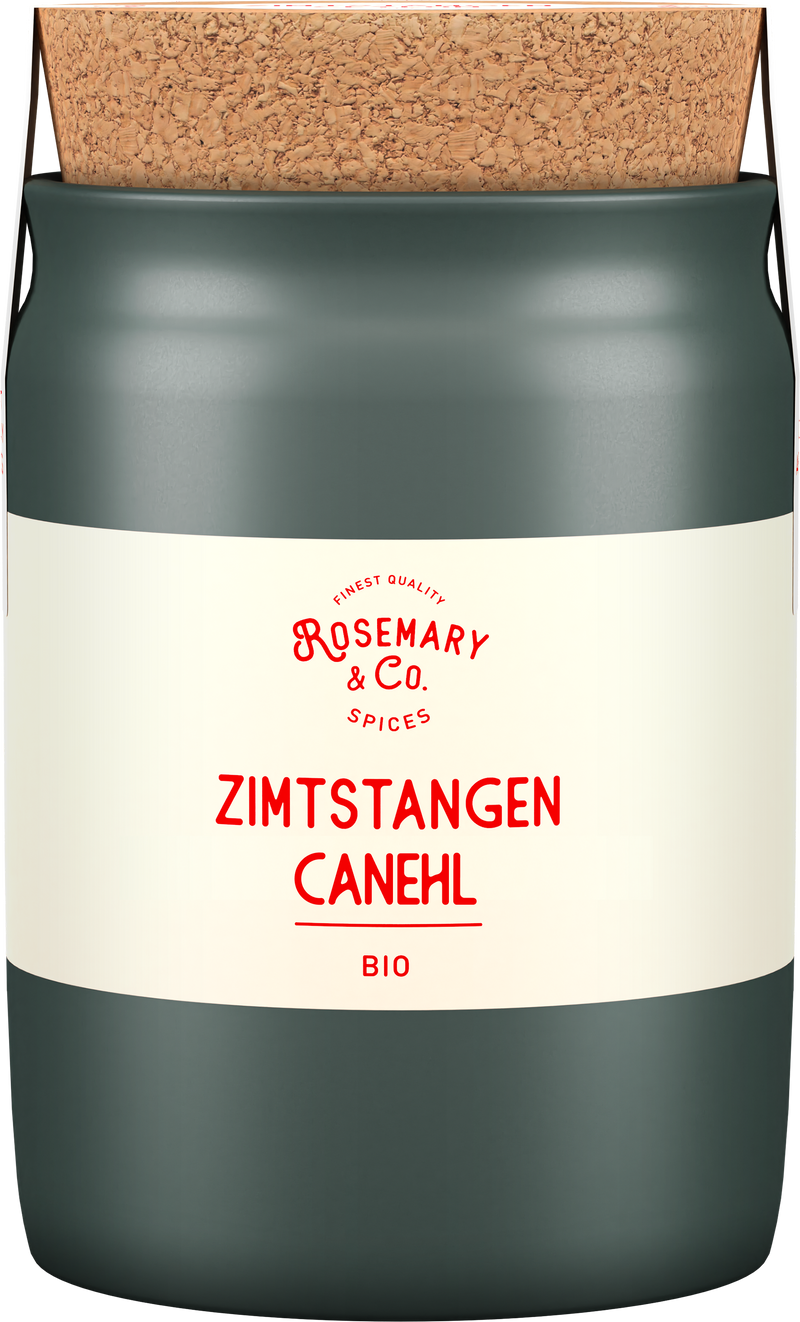 Dunkelgrüne Dose mit Aufschrift Bio Zimtstangen von Rosemary & Co. Gewürze, Korkdeckel1