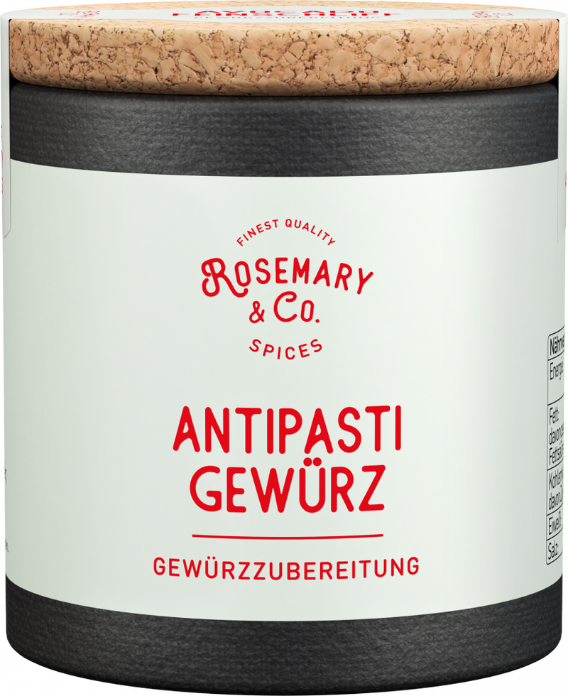 Dose mit weißem Etikett, Aufschrift Antipasti Gewürze von Rosemary & Co. Gewürze, Korkdeckel1