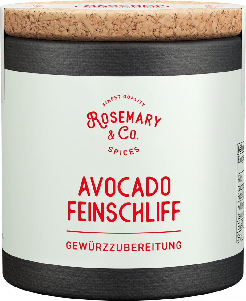Dosis mit Aufschrift Rosemary & Co. Gewürze Avocado Feinschliff und Korkdeckel1