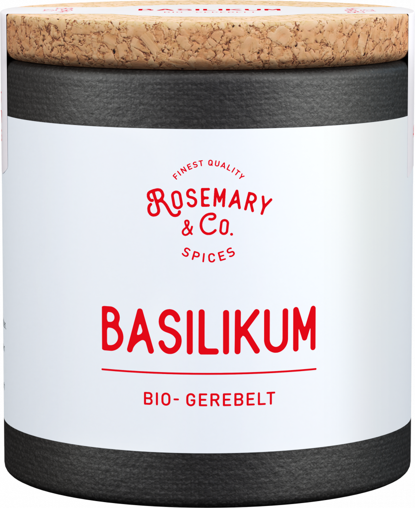 Dose mit weißem Etikett Bio Basilikum von Rosemary & Co. Gewürze, Korkdeckel