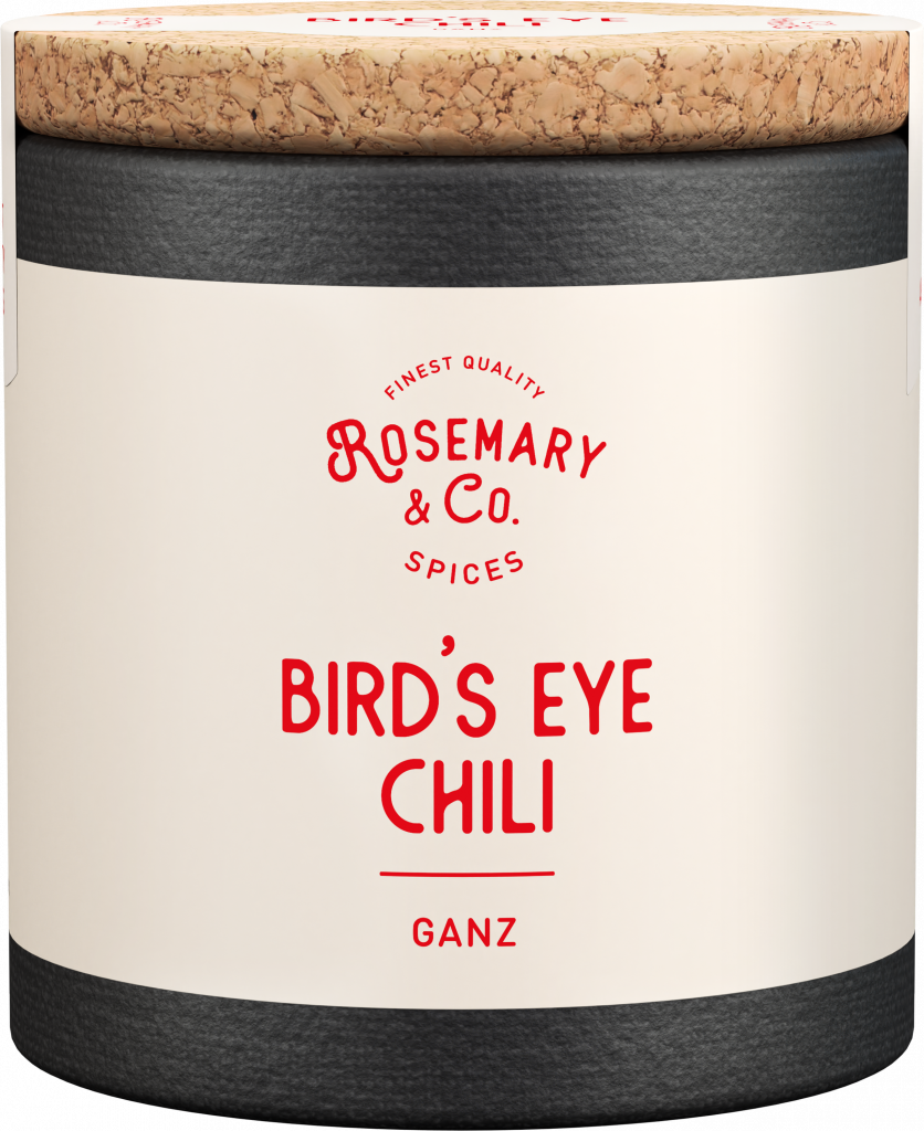 Zylindrische Dose mit Korkdeckel, rote Aufschrift Rosemary & Co. Gewürze Bird's Eye Chili