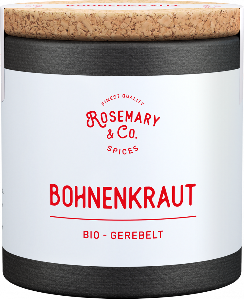 Runde Dose Bio Bohnenkraut von Rosemary & Co Gewürze mit Korkdeckel auf deutschsprachiger Verpackung1