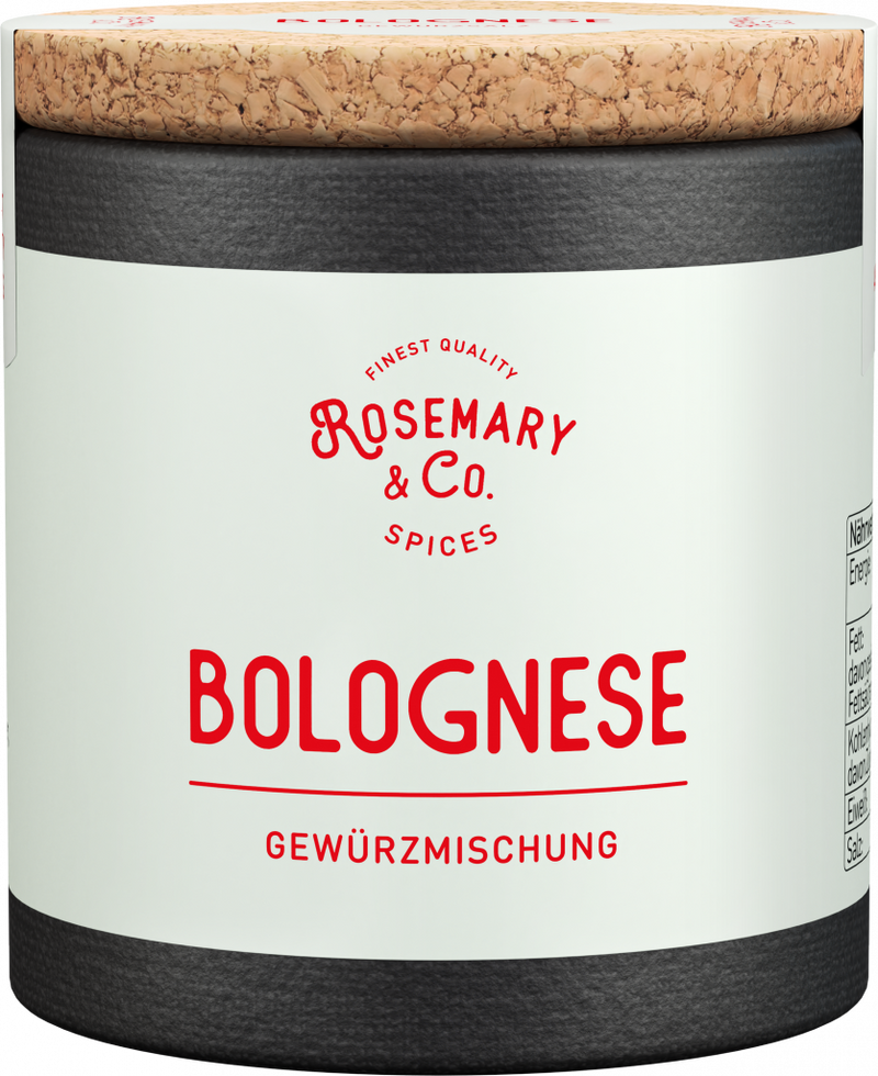Dose mit Korkdeckel, Aufschrift Rosemary & Co. Gewürze Bolognese1