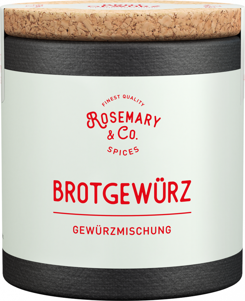 Dose mit weißem Etikett, Aufschrift Rosemary & Co. Gewürze Brotgewürz, Korkdeckel1