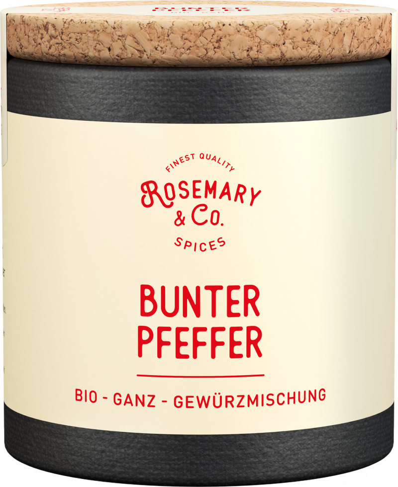 Dose Rosemary & Co. Bunter Pfeffer Bio mit Korkdeckel und cremefarbenem Etikett1