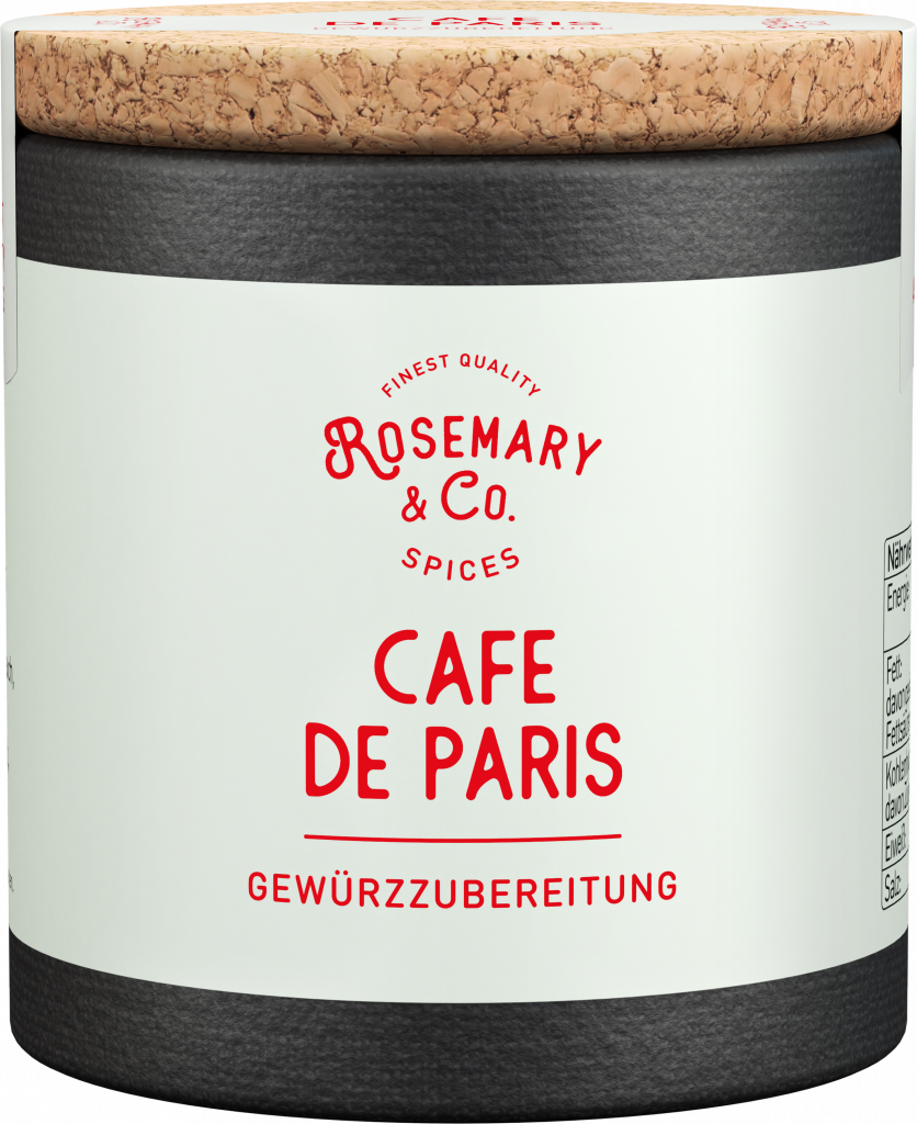 Schwarze und weiße Dose Rosemary & Co. Gewürze Cafe de Paris mit Korkdeckel