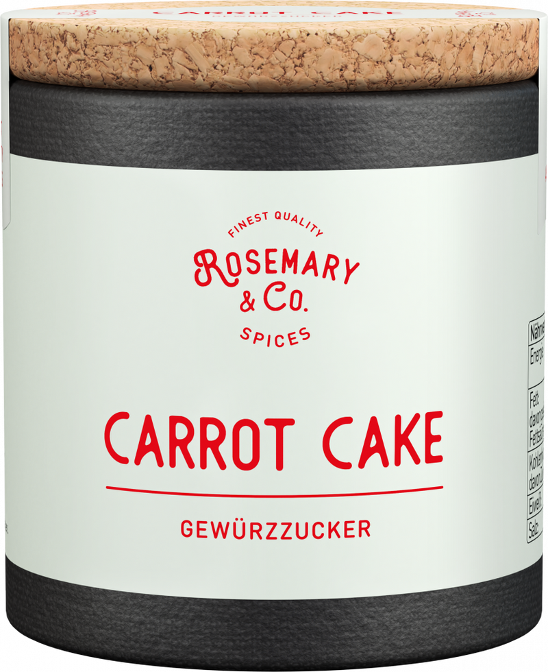 Dose mit Aufschrift Rosemary & Co. Gewürze Carrot Cake mit Korkdeckel auf weißem Hintergrund1