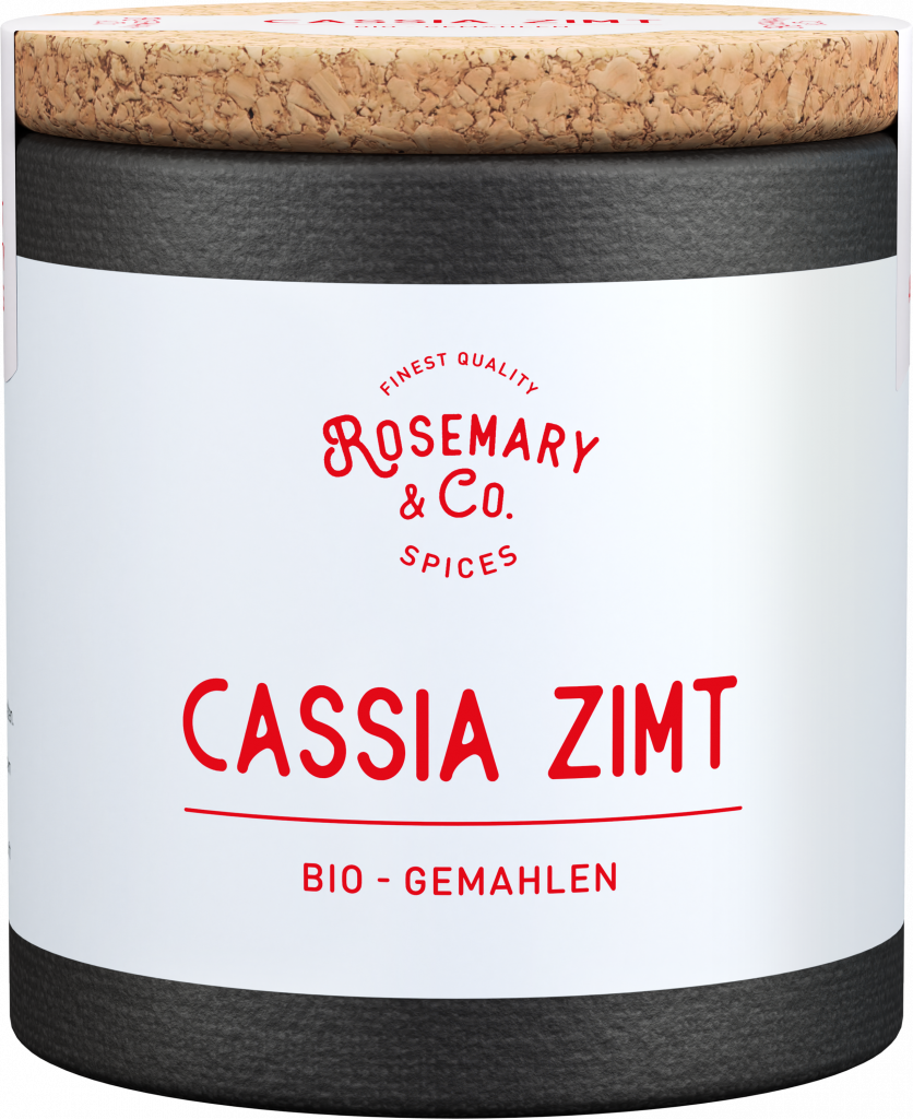 Dose mit Korkdeckel, Aufschrift Bio Cassia Zimt von Rosemary & Co, gemahlener Zimt
