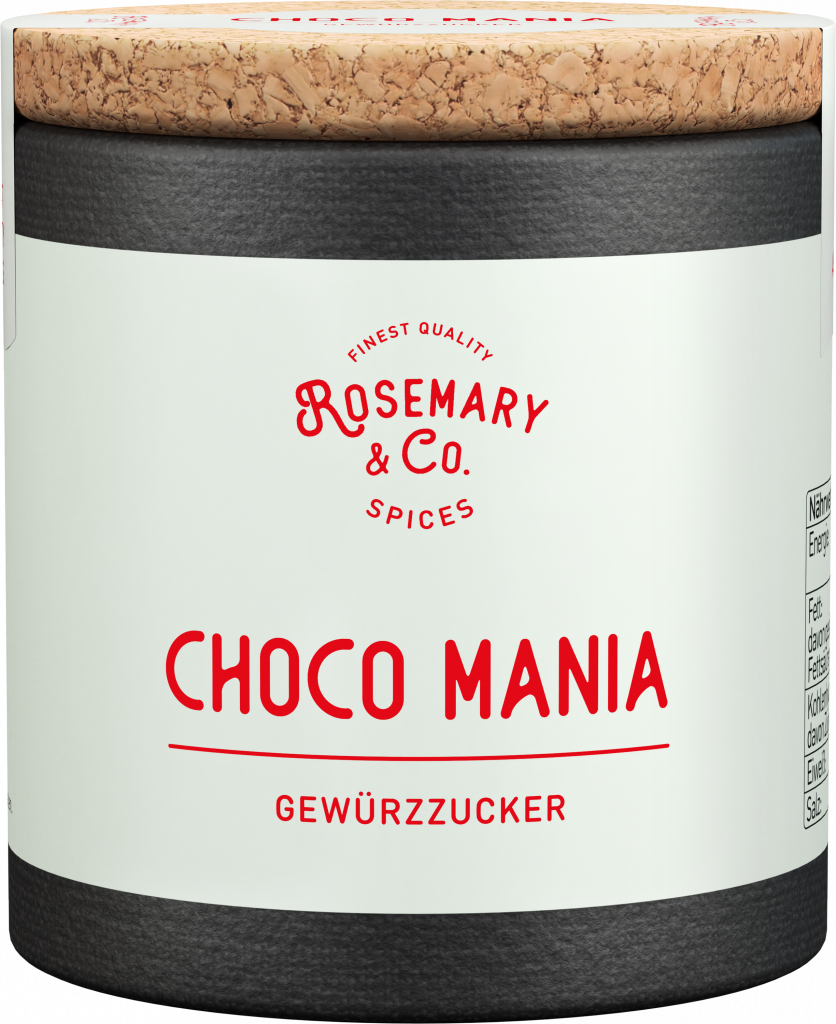 Zylindrische Dose mit Aufschrift CHOCO MANIA von Rosemary & Co. Gewürze und Korkdeckel