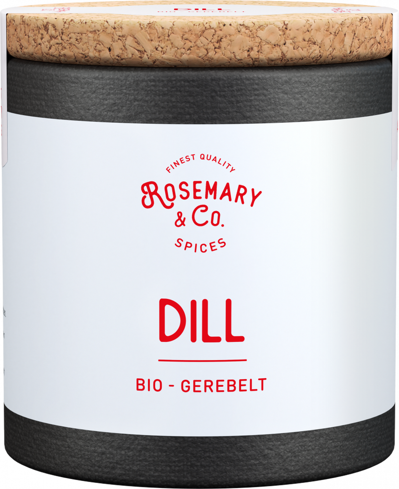 Dose mit Aufschrift Rosemary & Co. Gewürze Bio Dill, Korkdeckel, schwarz-weißes Etikett1
