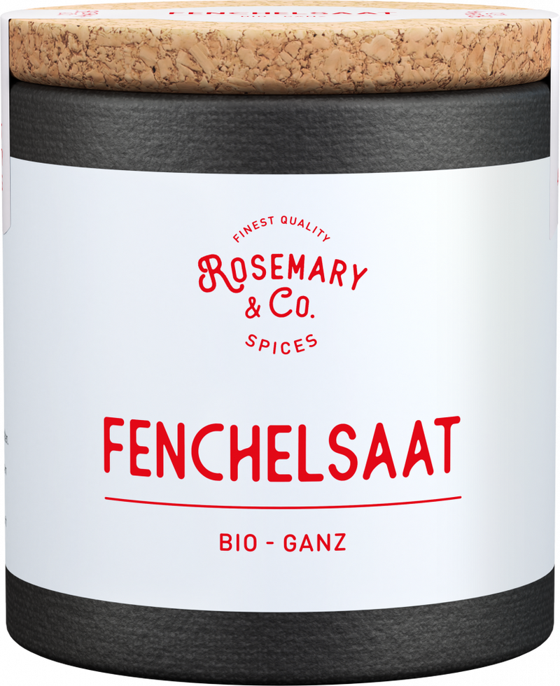 Dose Bio Fenchelsaat von Rosemary & Co. Gewürze mit Korkdeckel, weißem Etikett und roter Schrift1