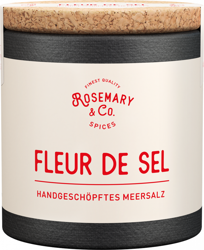 Dose Rosemary & Co. Fleur de Sel Meersalz mit Korkdeckel, Aufschrift handgeerntet1