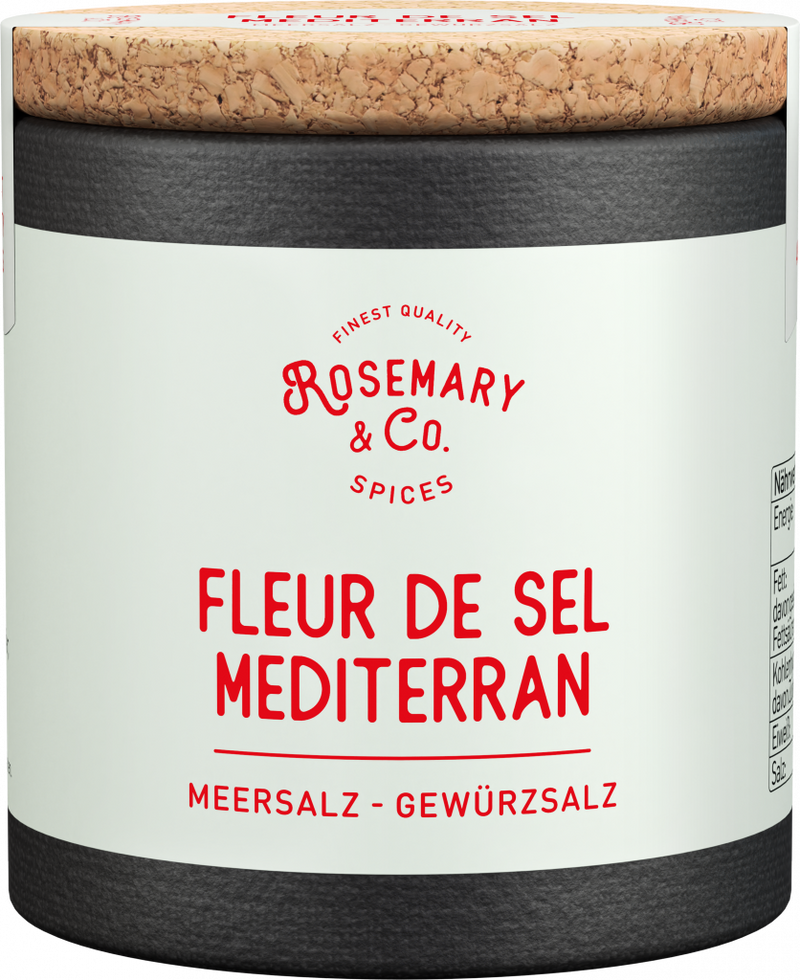 Dose mit Aufschrift Rosemary & Co. Gewürze Fleur de Sel Mediterran, Korkdeckel1