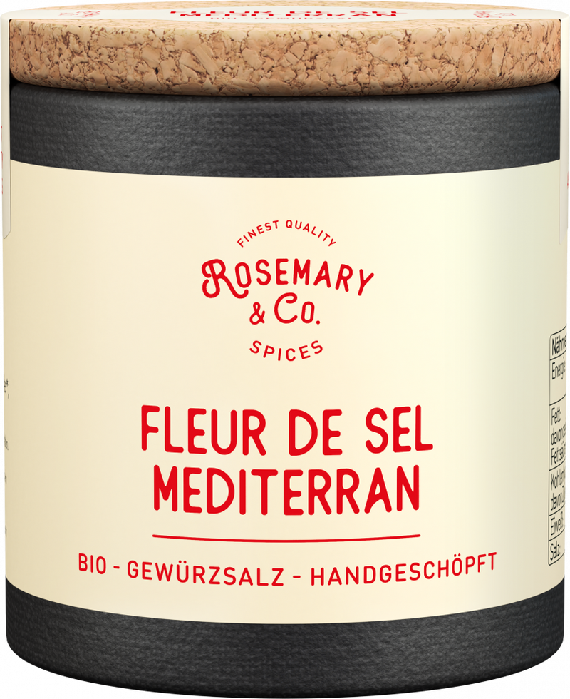 Dose mit Korkdeckel, Aufschrift Fleur de Sel Mediterran Bio, Rosemary & Co. Gewürze, schwarz-beige1