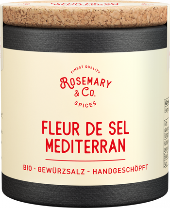 Dose mit Korkdeckel, Aufschrift Fleur de Sel Mediterran Bio, Rosemary & Co. Gewürze, schwarz-beige