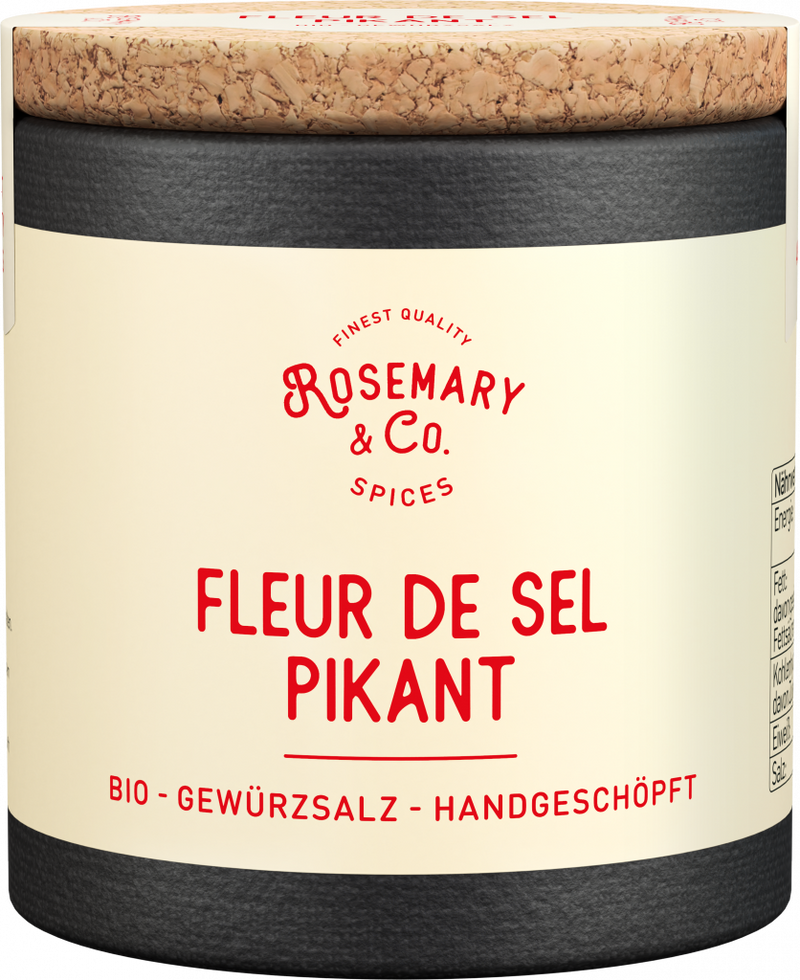 Dosis Rosemary & Co. Fleur de Sel Pikant Bio Gewürz mit Korkdeckel und cremefarbenem Etikett1