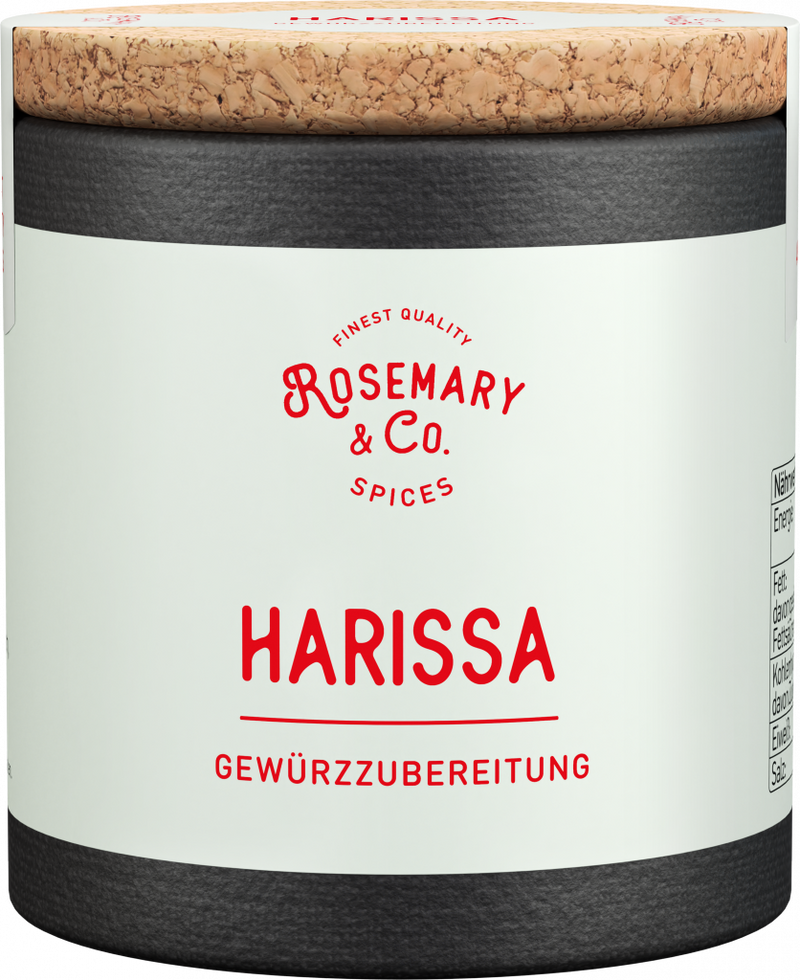 Schwarze und weiße Dose Rosemary & Co. Gewürze Harissa mit Korkdeckel1
