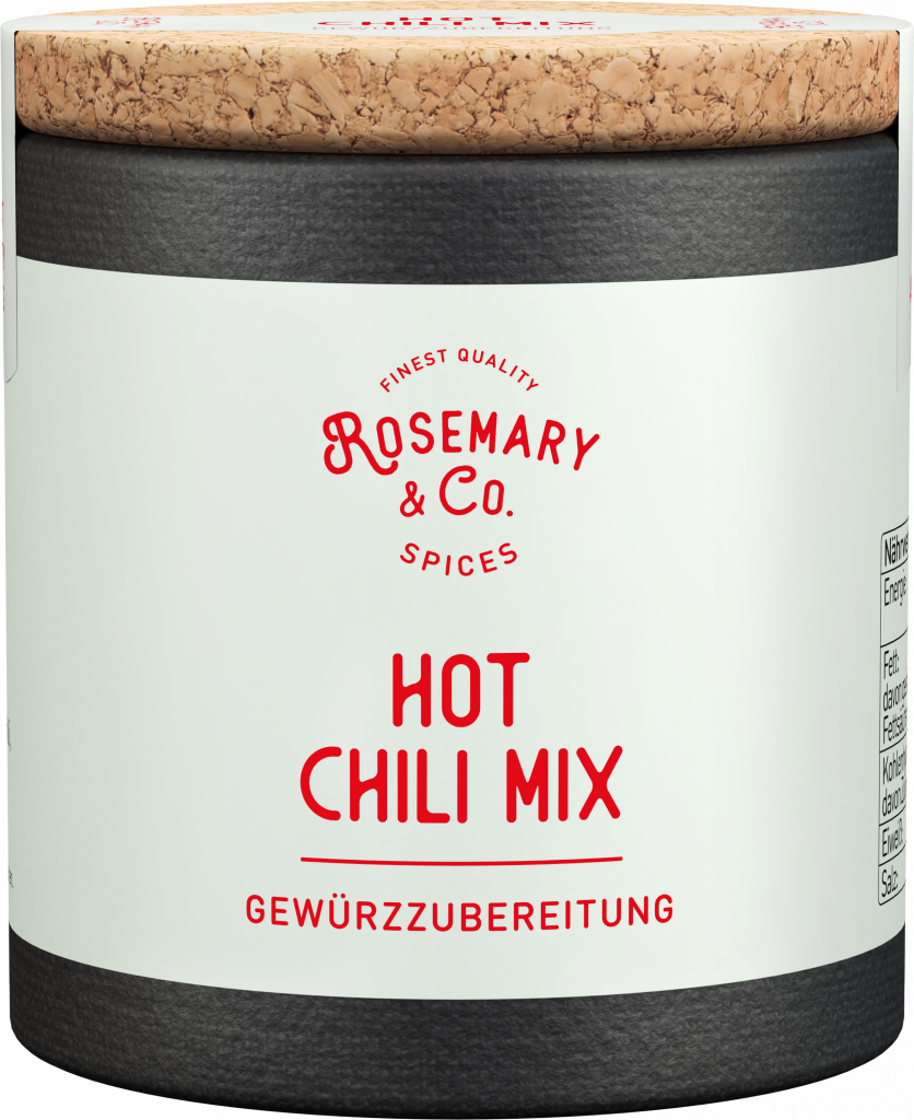 Runde Dose Rosemary & Co. Hot Chili Mix mit Korkdeckel und weißem Etikett mit roter Schrift